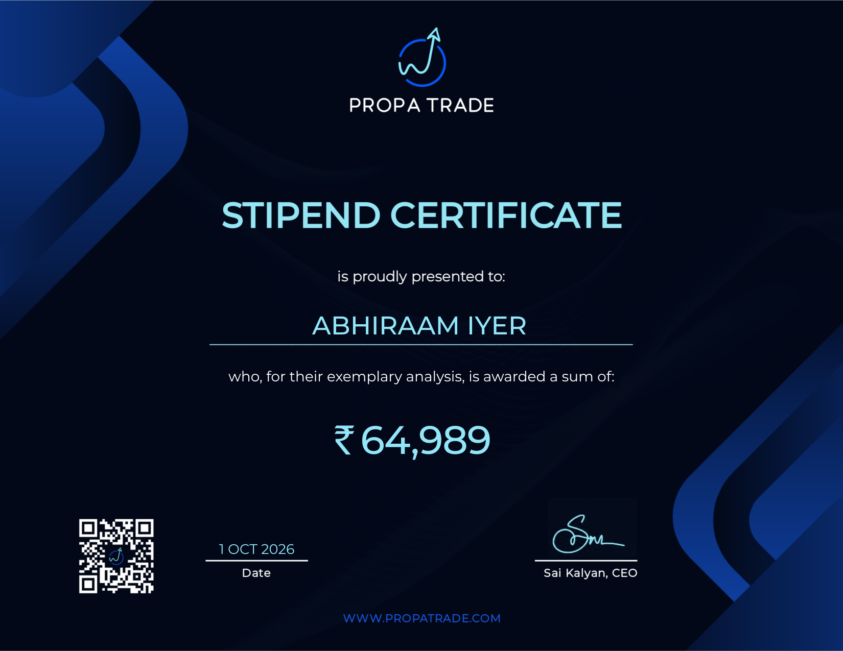 Reward Certificate - Abhiraam Iyer